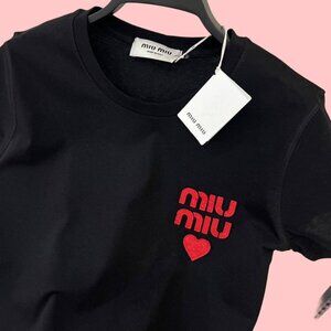 Miu Miu Women Cotton T-Shirt Crewneck Black Nwt